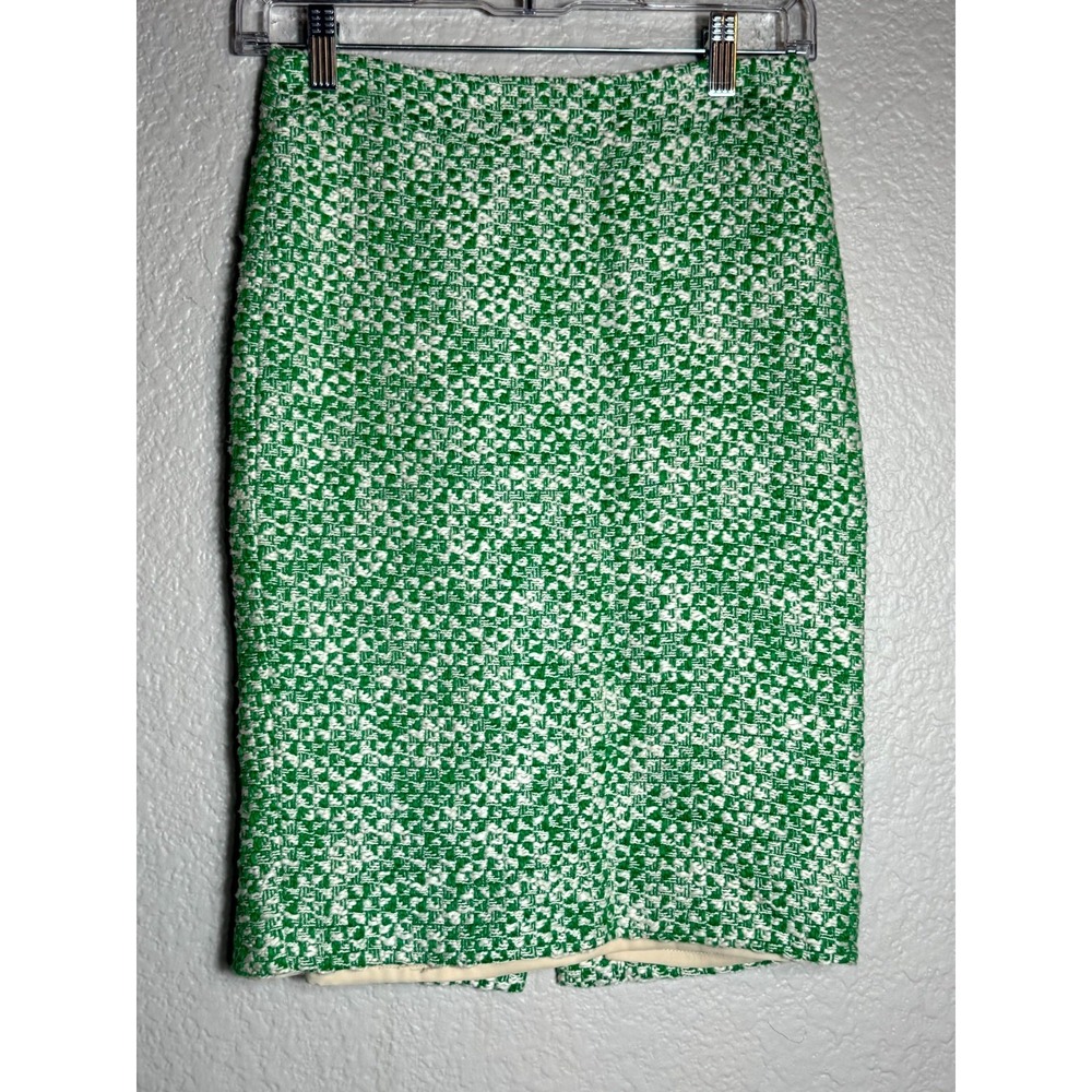 J.Crew No. 2 Pencil Skirt Womens 00 Green Cotton Tweed Back Zip Slit Office Wear - Picture 2 of 8